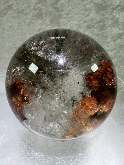 Garden Quartz Lodolite Sphere. 51mm. Stunning High Quality Orange And Green Landscape.