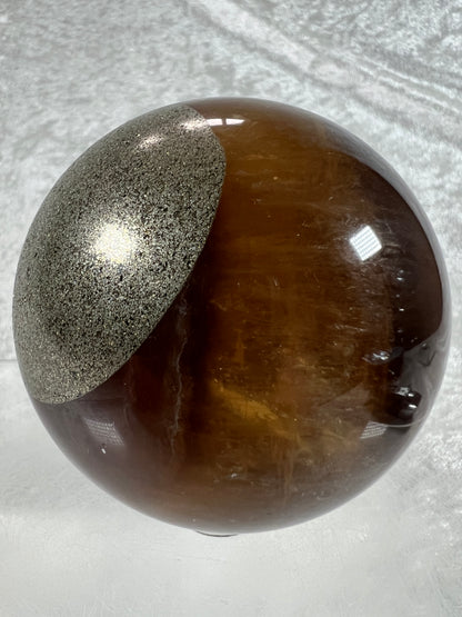 Fluorite And Pyrite Crystal Sphere. 68mm. Gorgeous Smoky Fluorite Display Sphere.