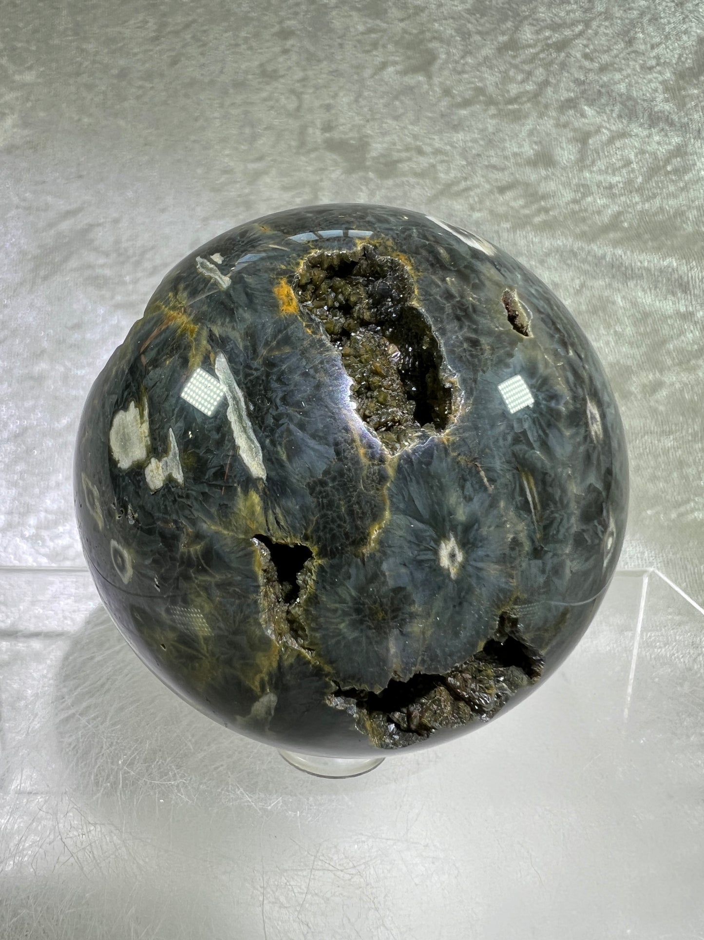 Ocean Jasper Sphere. 69mm. Crazy Green Druzy. Stunning And Unique Display Sphere.