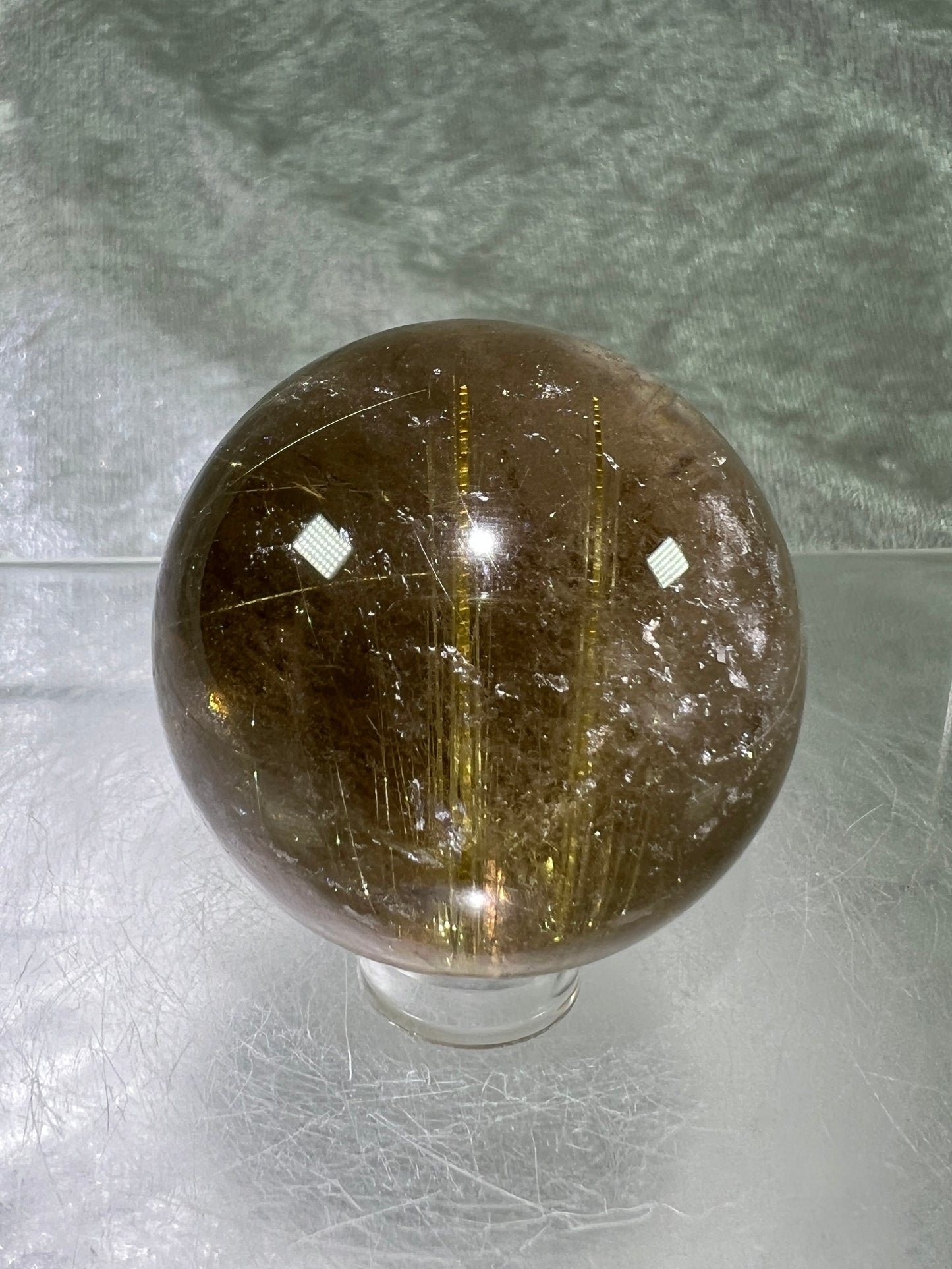 Rutile Quartz Sphere. Amazing Smoky Quartz With Stunning Golden Rutile Inclusions.