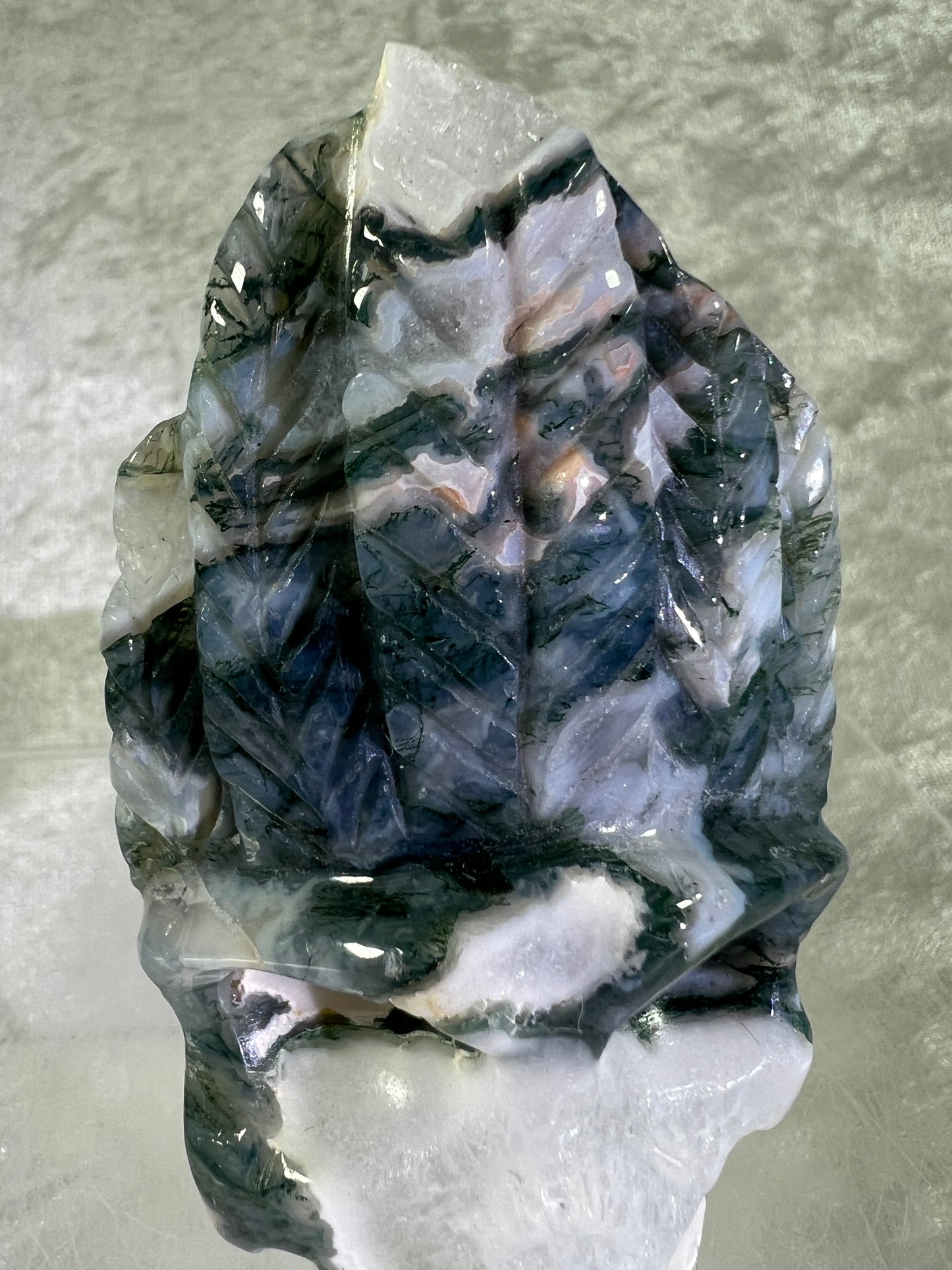 Moss Agate Crystal Skull Carving. Very Cool Crystal Indian Skull. Unique Display Crystal