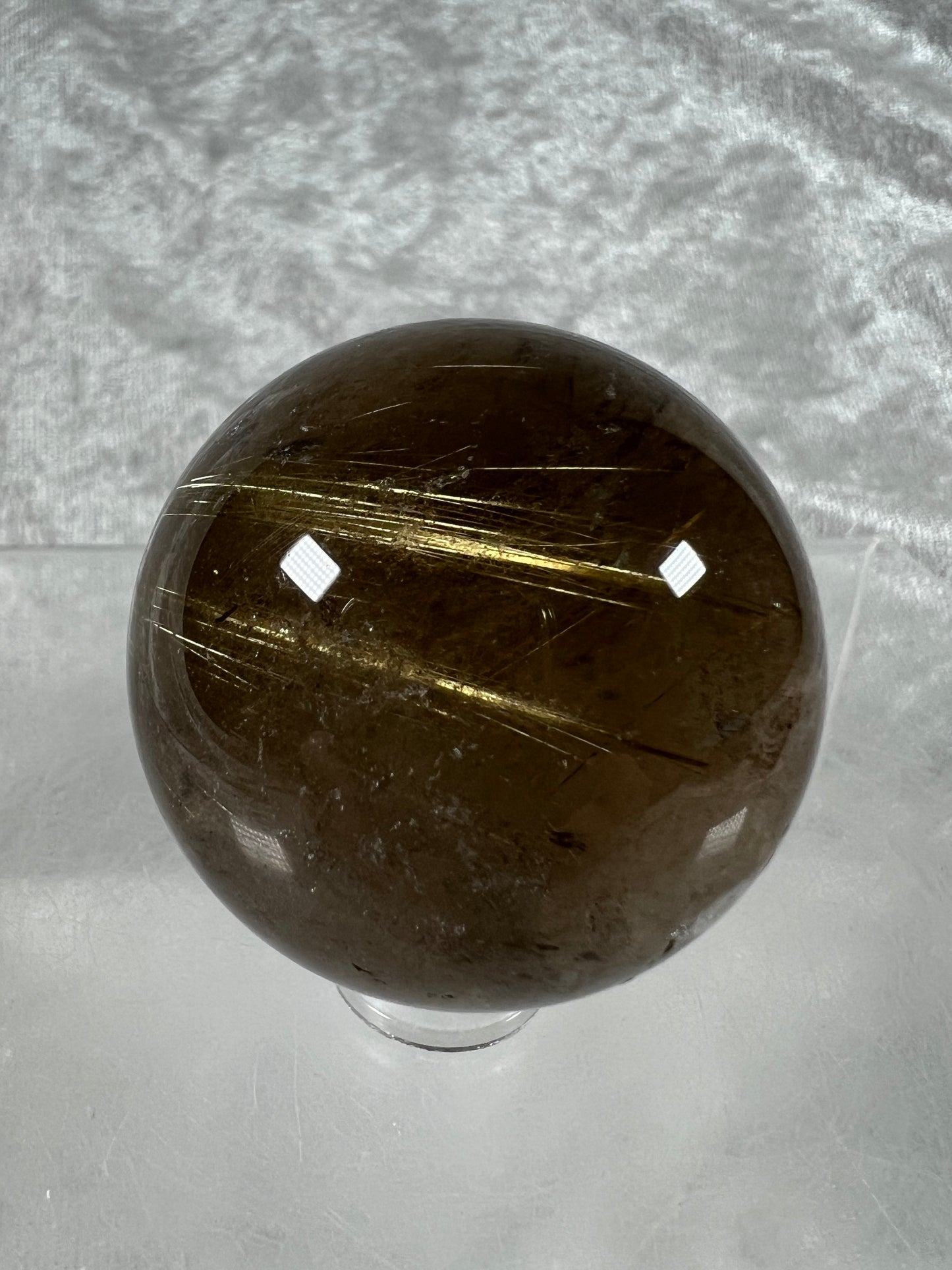 Rutile Quartz Sphere. Amazing Smoky Quartz With Stunning Golden Rutile Inclusions.