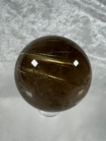 Rutile Quartz Sphere. Amazing Smoky Quartz With Stunning Golden Rutile Inclusions.