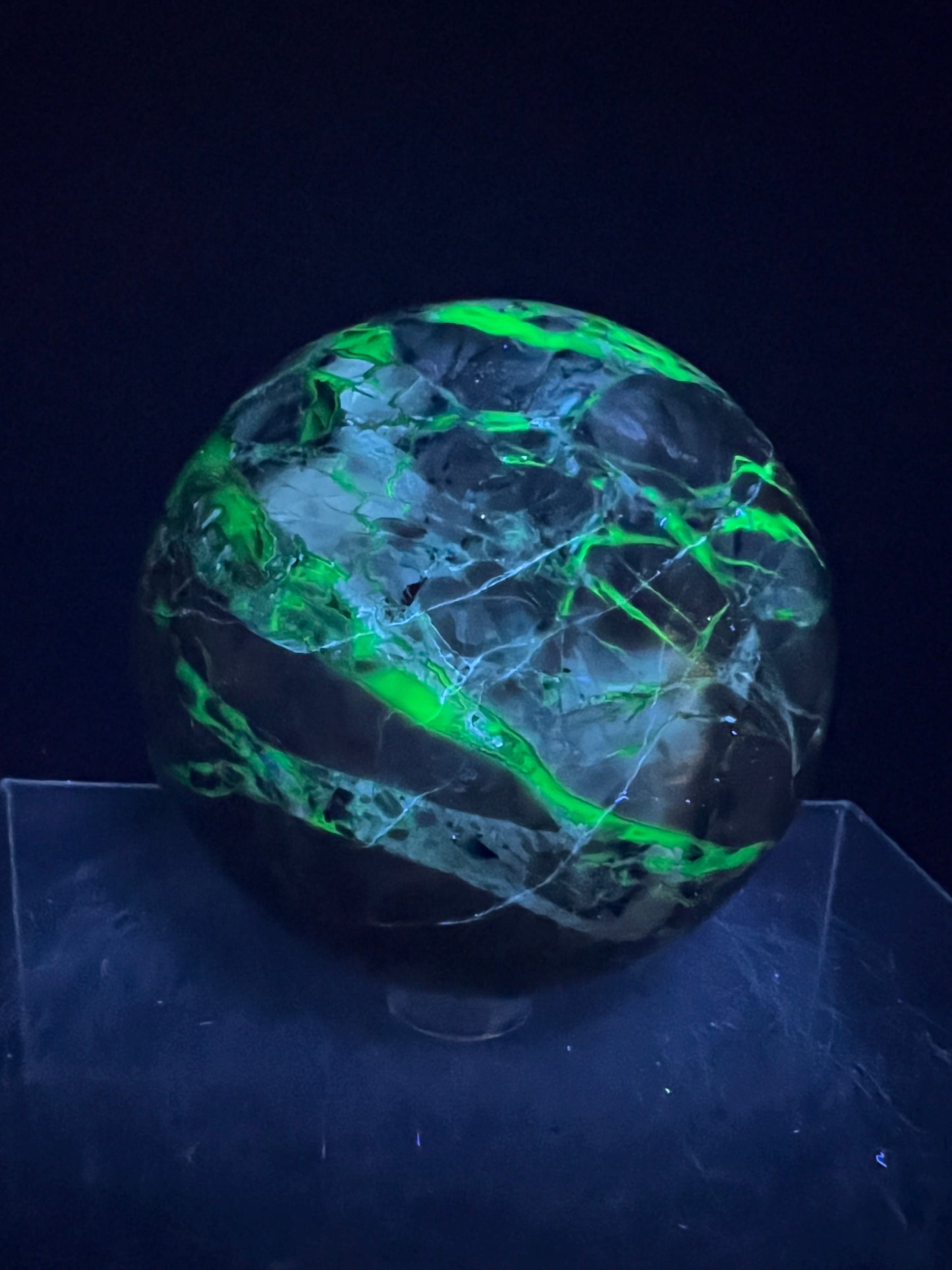 Volcano Agate Sphere. 71mm. Amazing Unique Druzy. Intense Green UV Reactive Sphere.