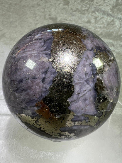 Pyrite And Purple Agate Sphere. 71mm. Gorgeous Large Sphere. Beautiful Color Combination.