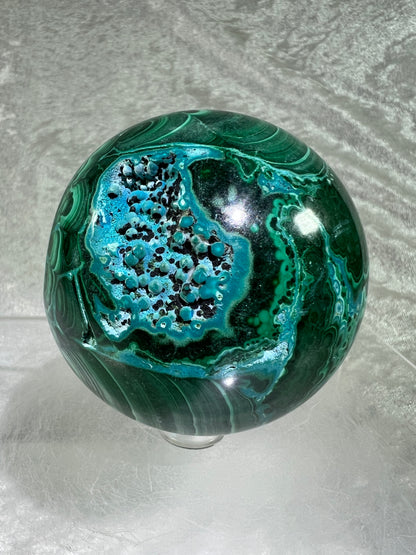 Malachite And Druzy Chrysocolla Sphere. 69mm. Gorgeous Rare Collectors Piece. Amazing Patterns With Vibrant Colors.