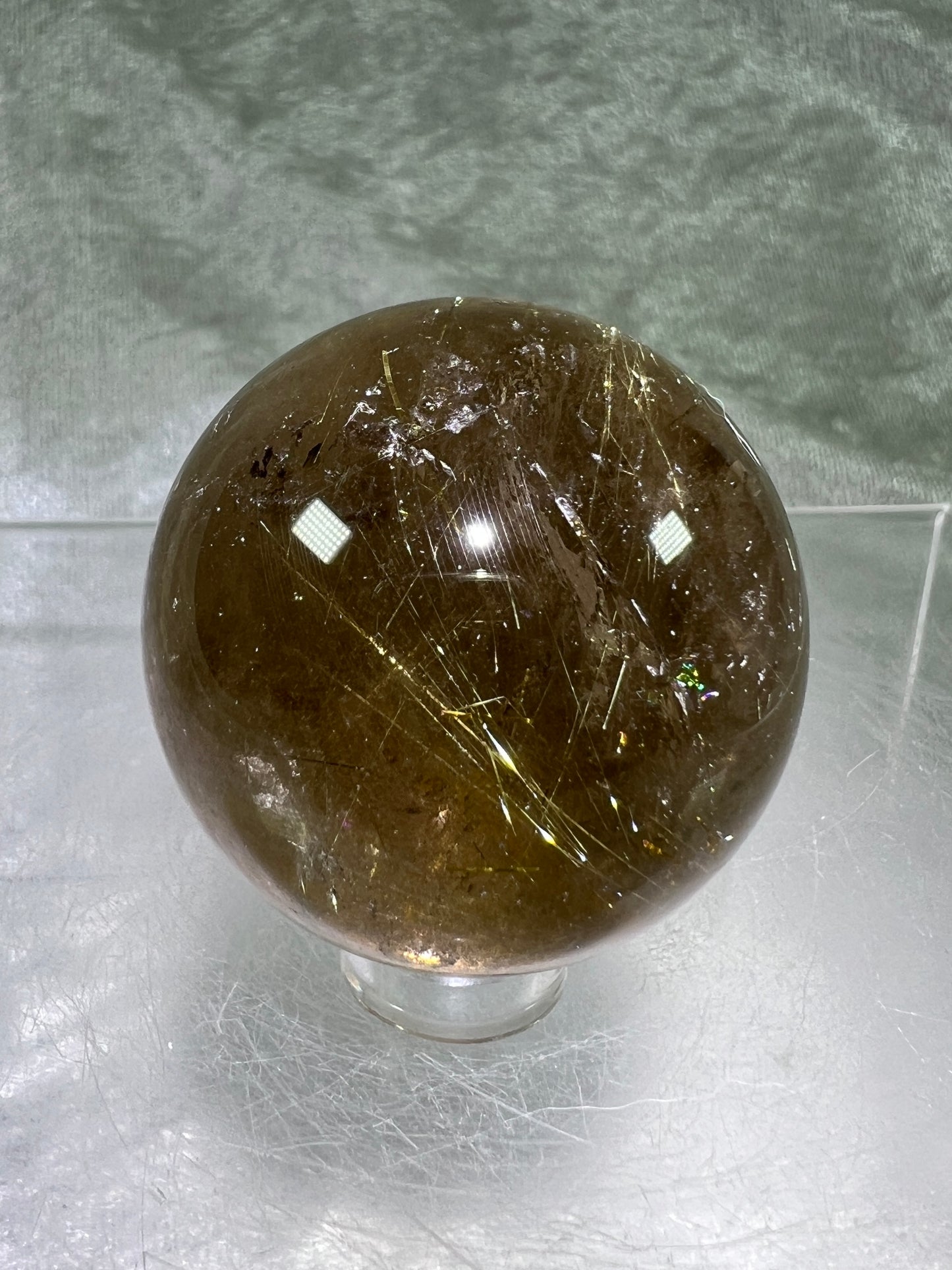 Rutile Quartz Sphere. Amazing Smoky Quartz With Stunning Golden Rutile Inclusions.