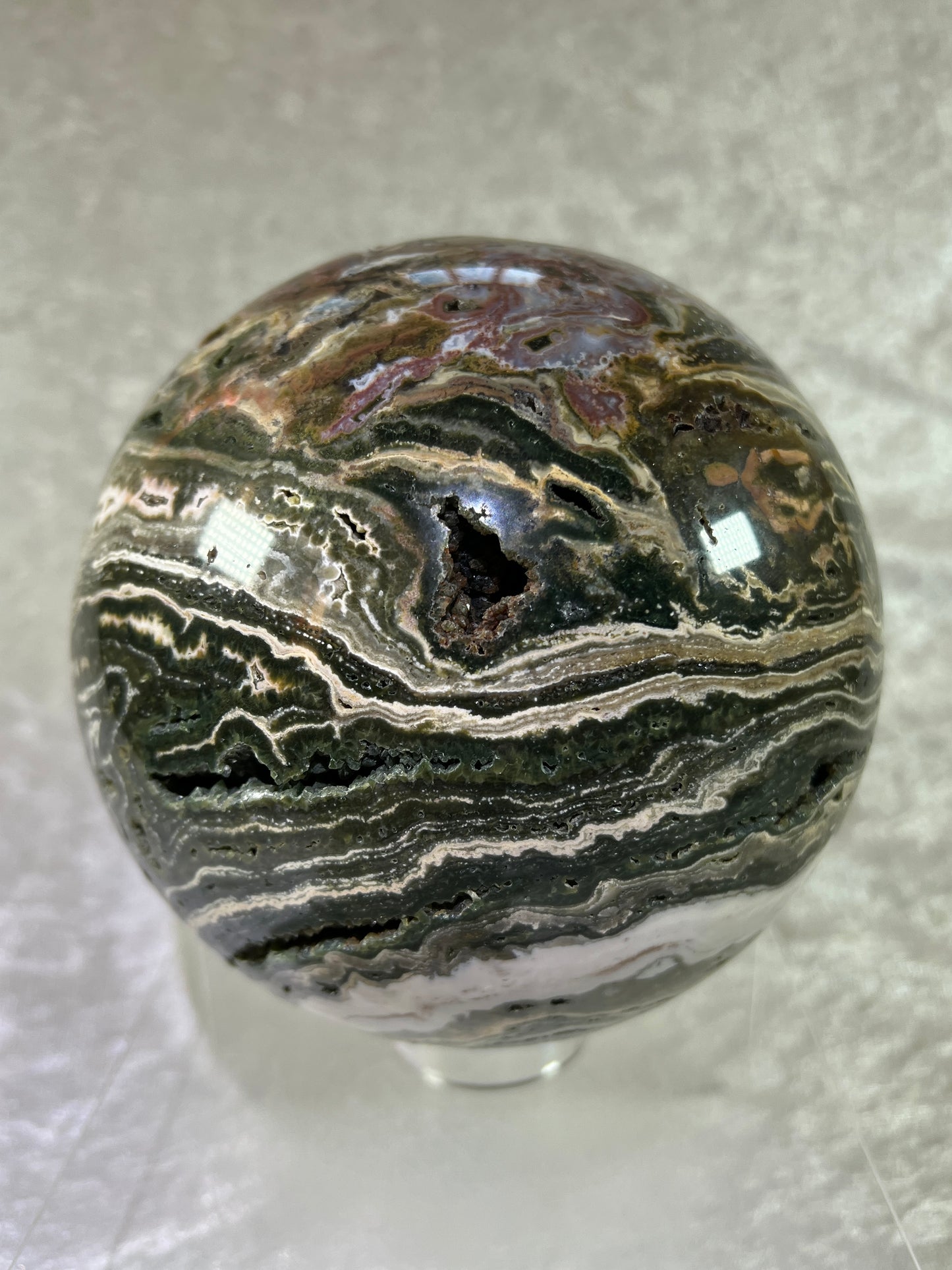 Ocean Jasper Sphere. XL Druzy Display Sphere. 147mm, 9.4 lbs. Gorgeous Colors With Stunning Druzy. Showstopper!