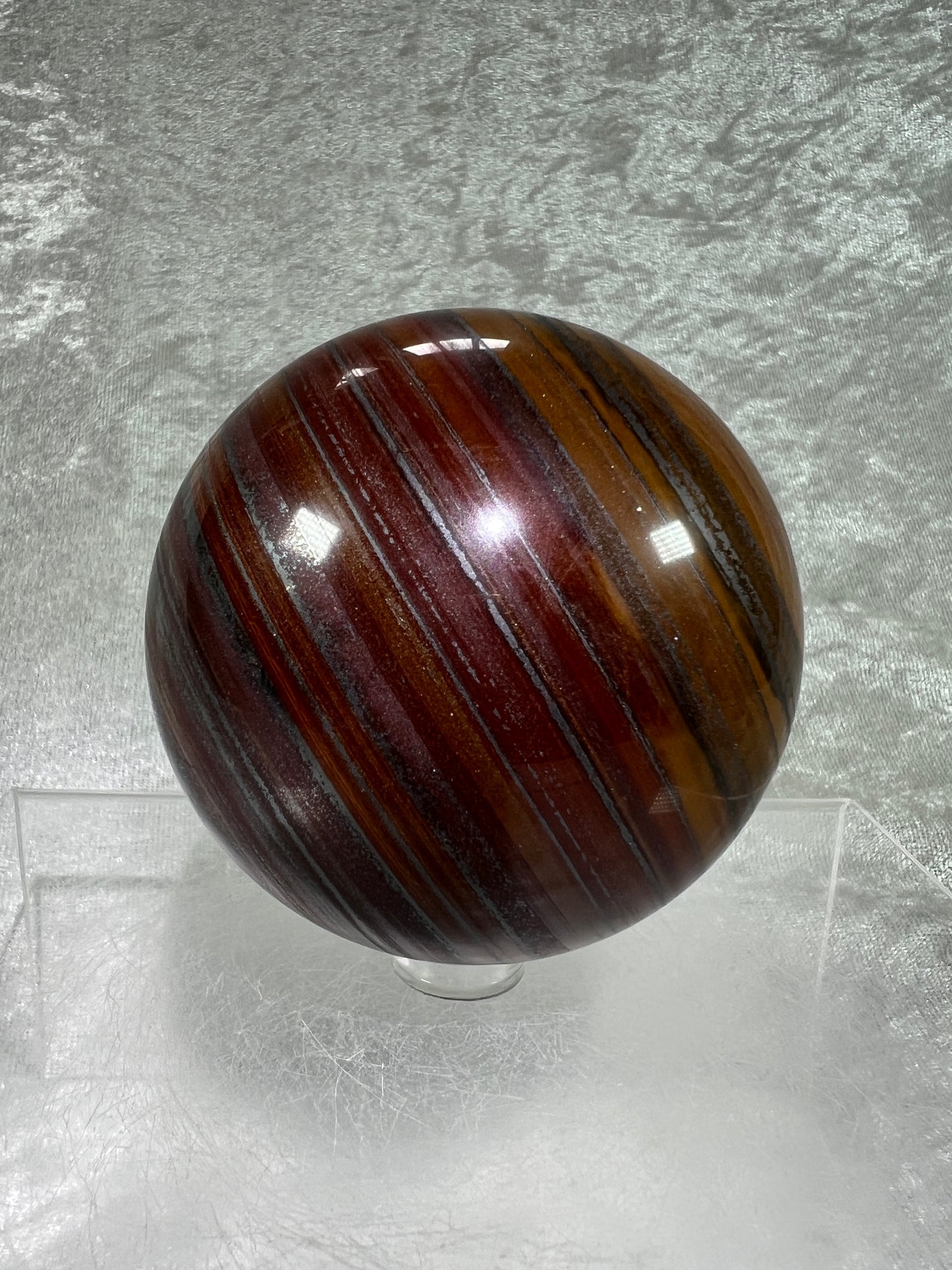 Tiger Iron Crystal Sphere. 72mm. Rare High Quality Display Sphere With Amazing Flash.