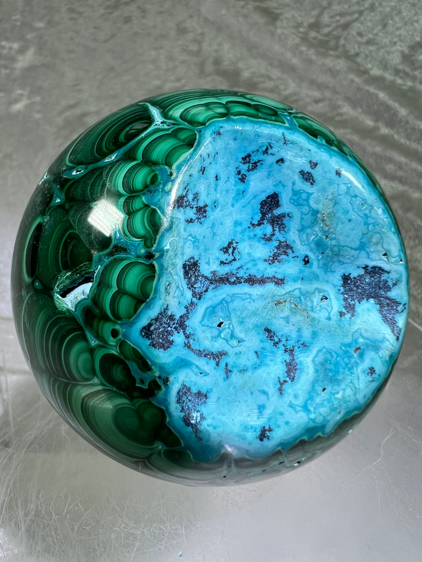 Malachite And Druzy Chrysocolla Sphere. 69mm. Gorgeous Rare Collectors Piece. Amazing Patterns With Vibrant Colors.