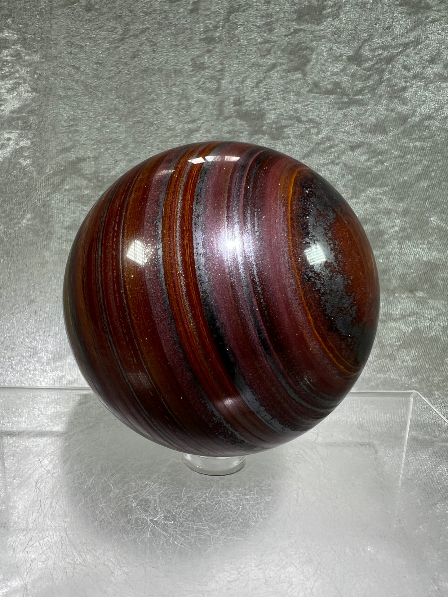 Tiger Iron Crystal Sphere. 72mm. Rare High Quality Display Sphere With Amazing Flash.