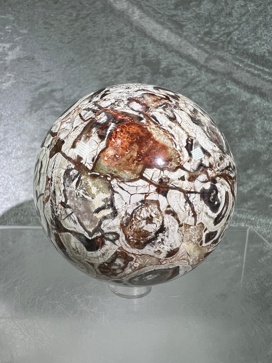 Money Agate Crystal Sphere. 69mm. Stunning Indonesian Bloodstone. Amazing Colors And Patterns