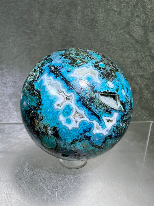 Chrysocolla Druzy Sphere. 56mm. Amazing Druzy With Bright Colors. Gorgeous Rare Display Sphere.