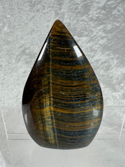 Blue Tigers Eye Crystal Flame. Gorgeous Hawks Eye Freeform Flame.