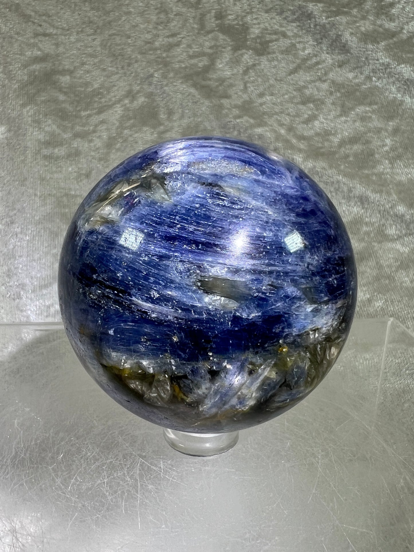 Kyanite Crystal Sphere. 58mm. Gorgeous Blue Kyanite Display Sphere. Interesting Crystal With Stunning Flash