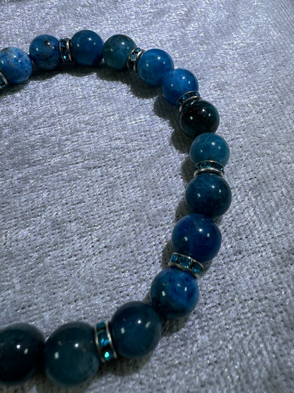 Blue Apatite Crystal Bead Bracelet. Stunning Blue Apatite Bracelet. 8mm. Flashy Blue Rhinestone Spacers.