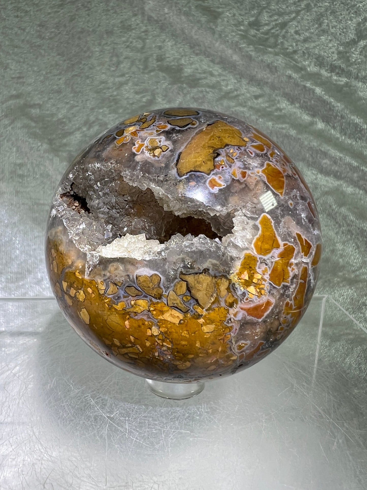 Indonesian East Java Plume Agate Sphere. 66mm. Stunning Sugar Druzy. Very Rare Beautiful Sphere.