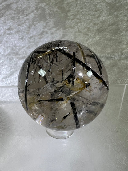 Black Tourmaline Quartz Sphere. Incredible Black Rutile Sphere. Tourmalinated Quartz Display Crystal