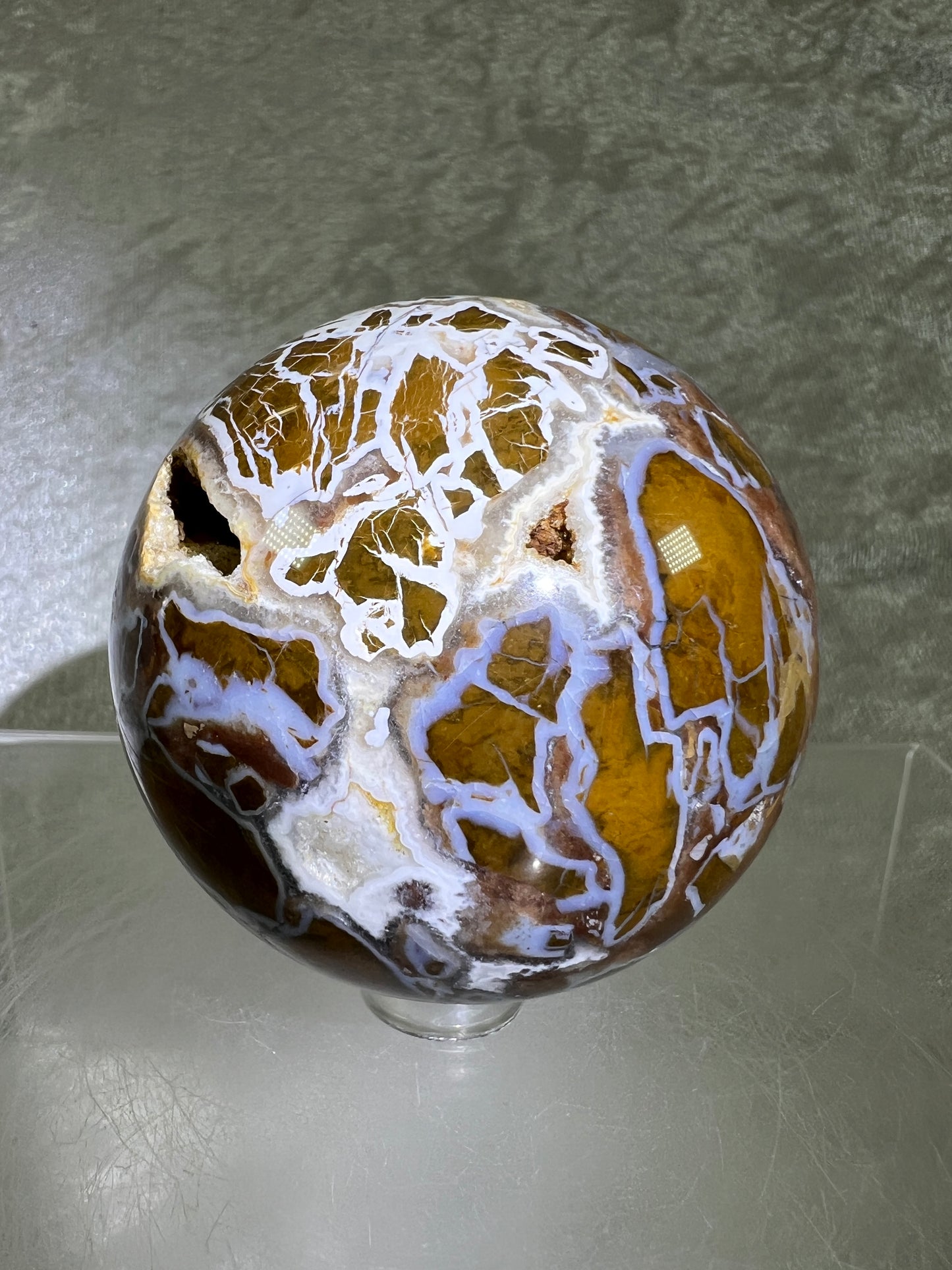 Indonesian East Java Plume Agate Sphere. 62mm. Very Rare Display Sphere. Amazing Druzy, Colors, And Patterns