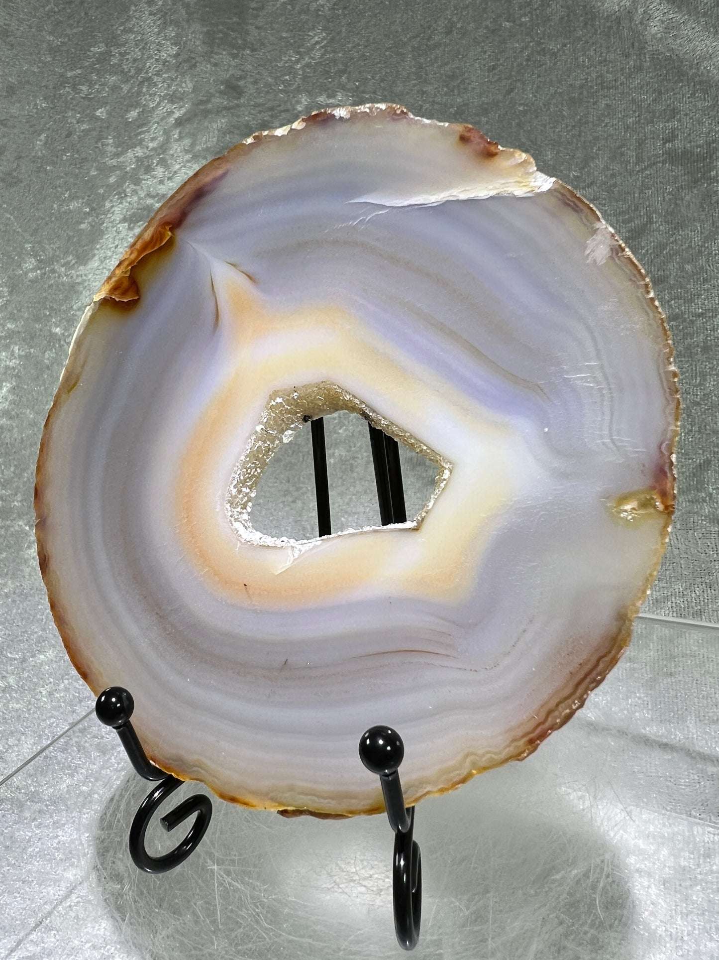 Druzy Agate Slab. Amazing Brazilian Agate Slice With A Black Metal Stand. Very Pretty Display Crystal.