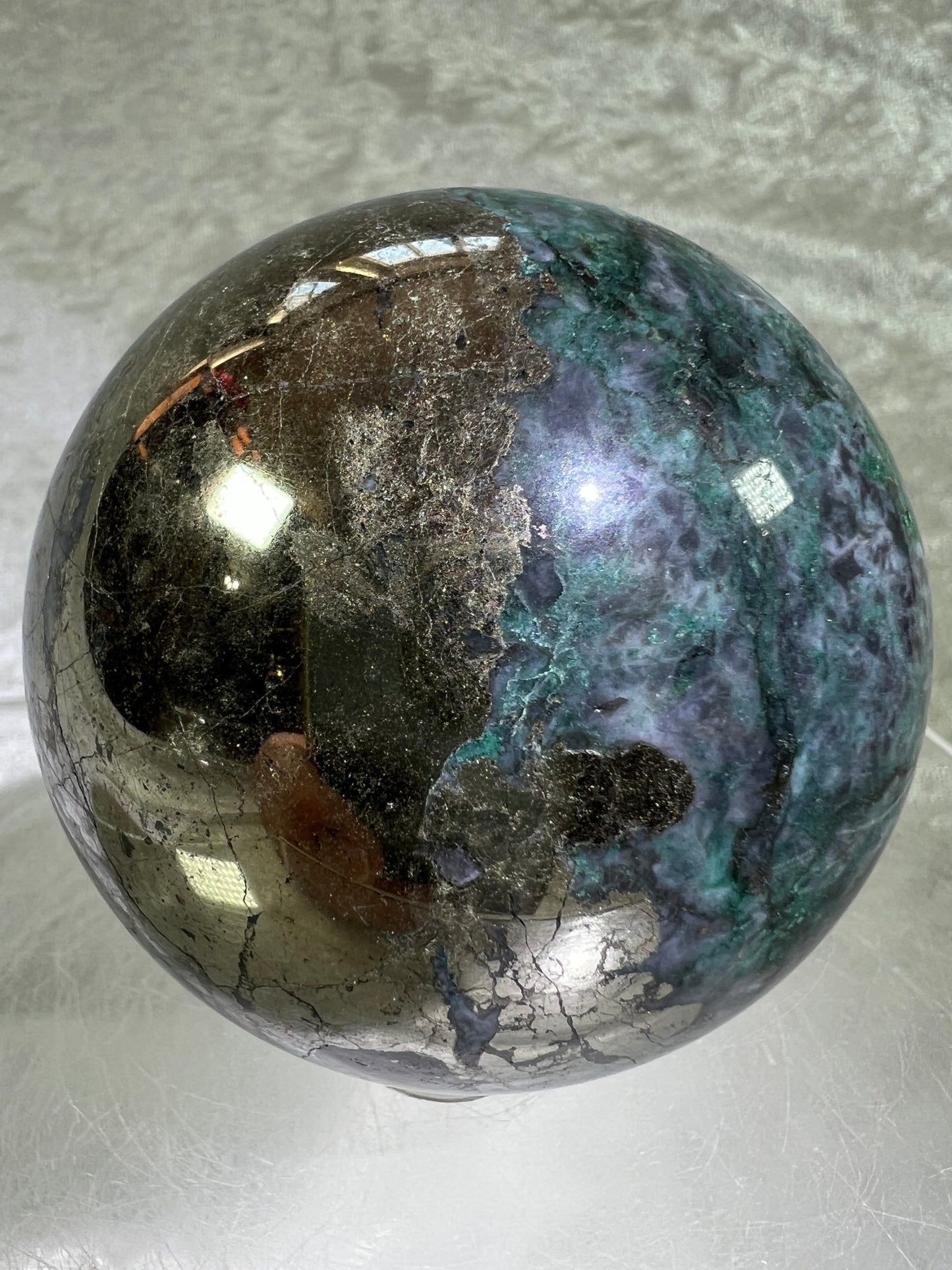 Atacamite And Pyrite Sphere. 64mm. High Quality Rare Sphere. Gorgeous Color Combination.