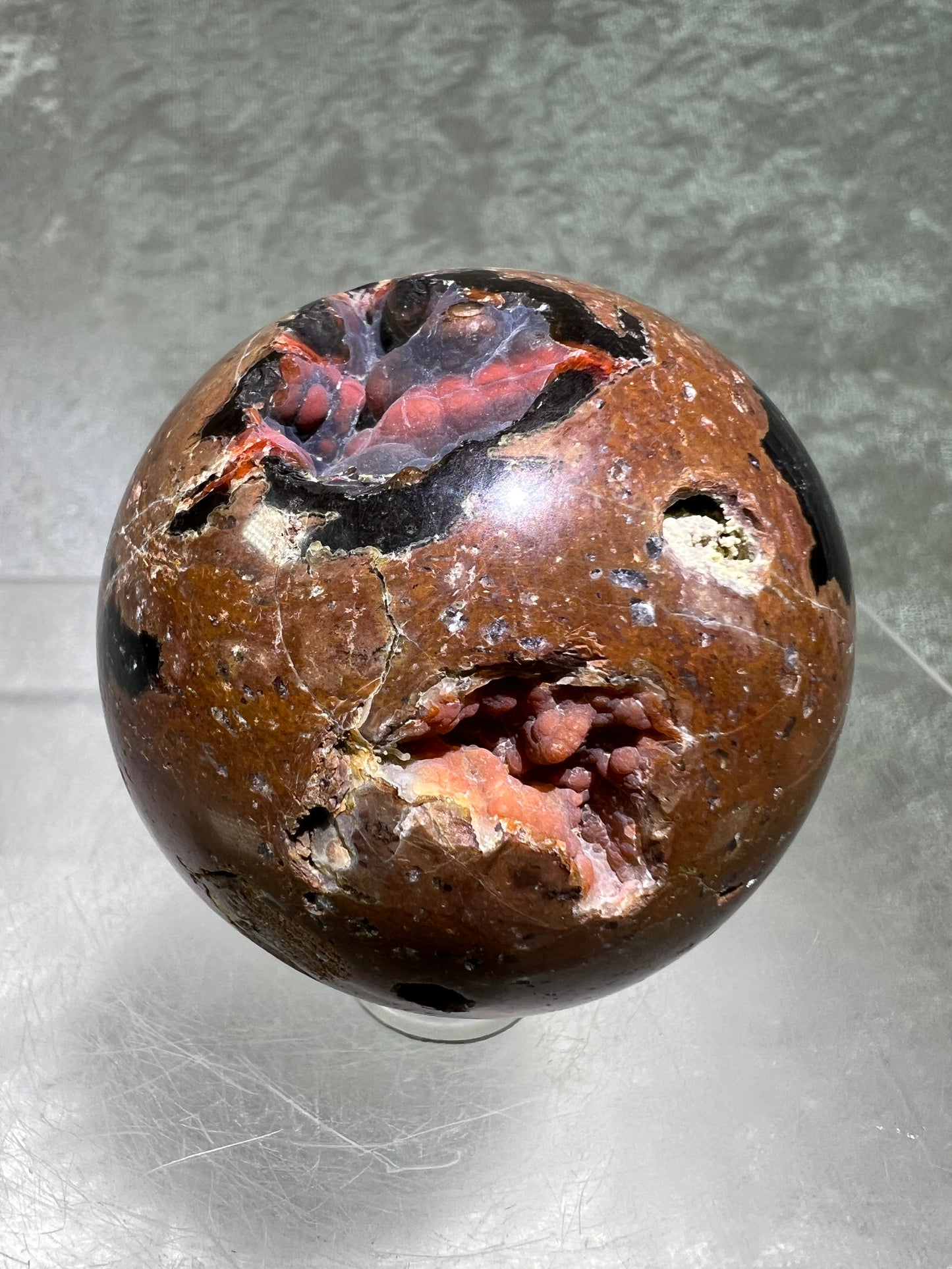 Red Fox Agate Sphere. Amazing Druzy Crater Agate From Argentina. Incredible Botryoidal Nodules