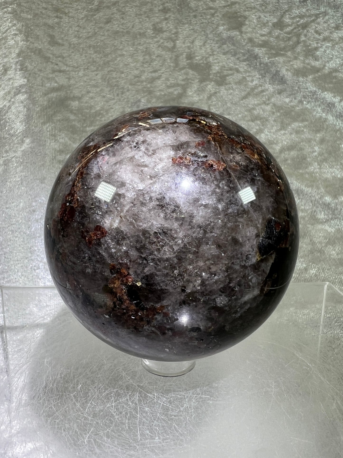 Garnet And Biotite Mica Sphere. 69mm. Stunning Garnet Display Sphere With Lots Of Mica Flash.