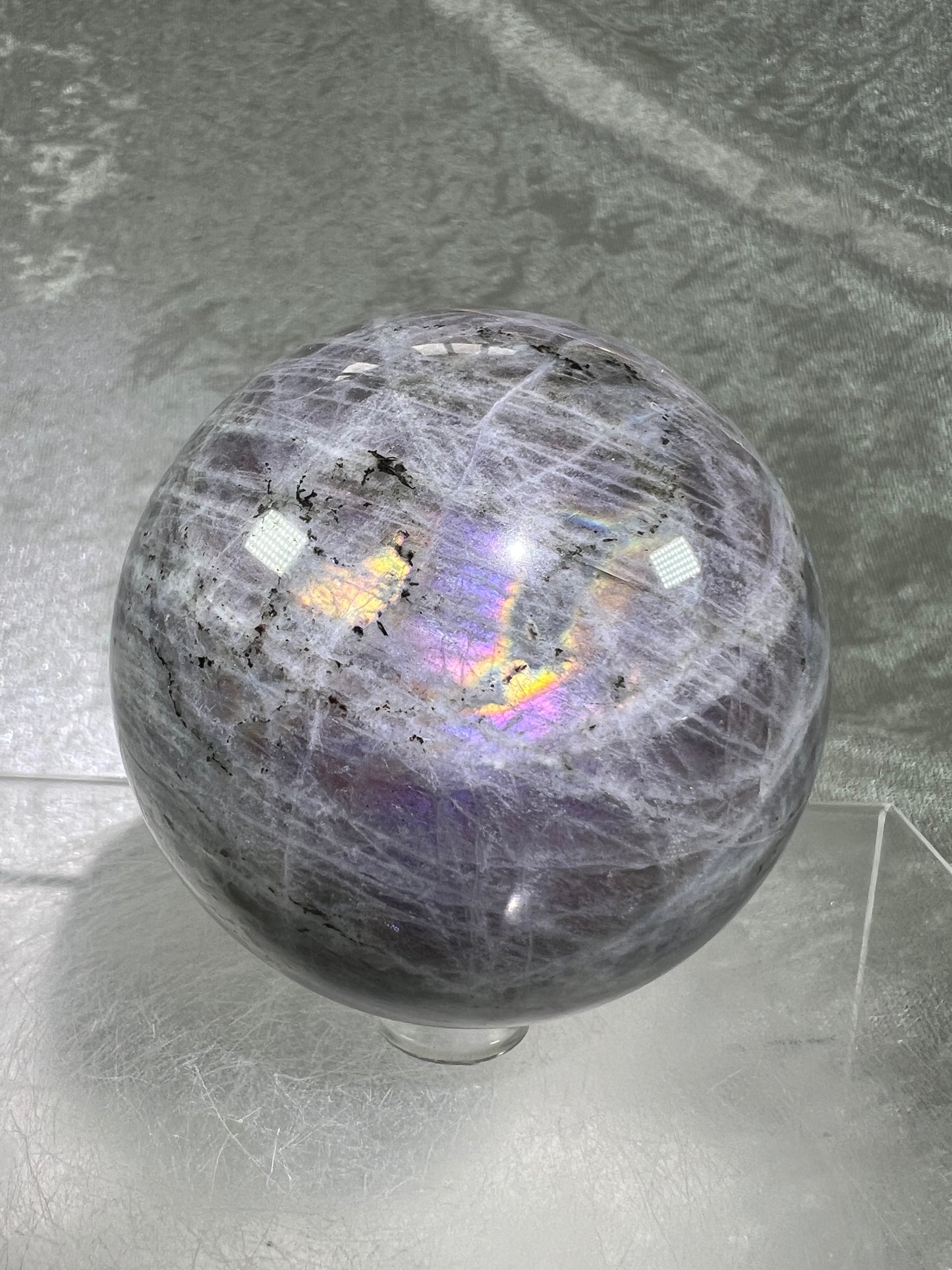 Labradorite Crystal Sphere. 66mm. Very Rare Rainbow Flash With Purple, Pink, Yellow, Orange, And Blue. Amazing Sphere!