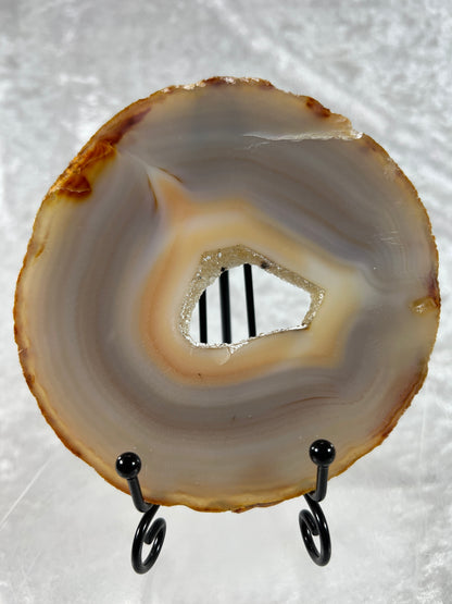 Druzy Agate Slab. Amazing Brazilian Agate Slice With A Black Metal Stand. Very Pretty Display Crystal.