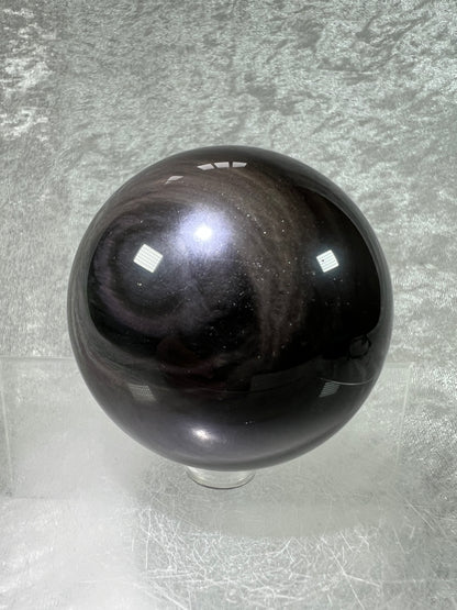 Rainbow Obsidian Sphere. 66mm. Beautiful Purple And Green Rainbow Flash. Rare And Stunning Display Sphere