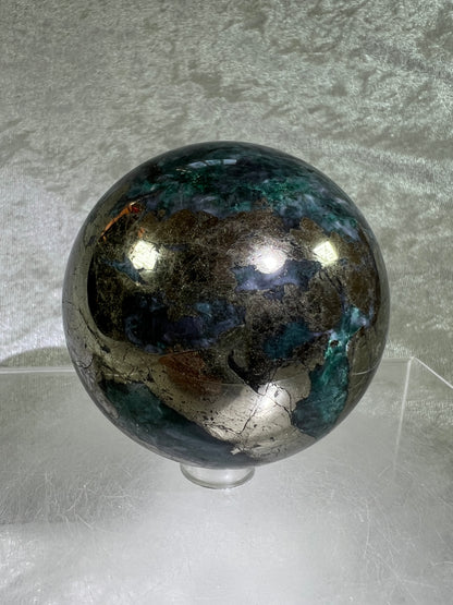 Atacamite And Pyrite Sphere. 64mm. High Quality Rare Sphere. Gorgeous Color Combination.