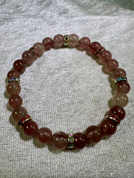 Strawberry Quartz Crystal Bead Bracelet. Gorgeous Rare Quartz. 8mm. Two Different Styles Of Spacers