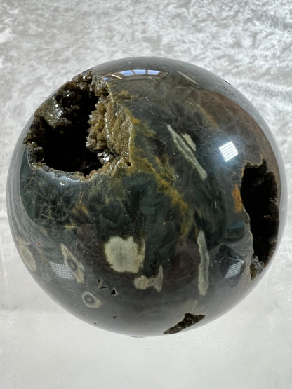 Ocean Jasper Sphere. 69mm. Crazy Green Druzy. Stunning And Unique Display Sphere.