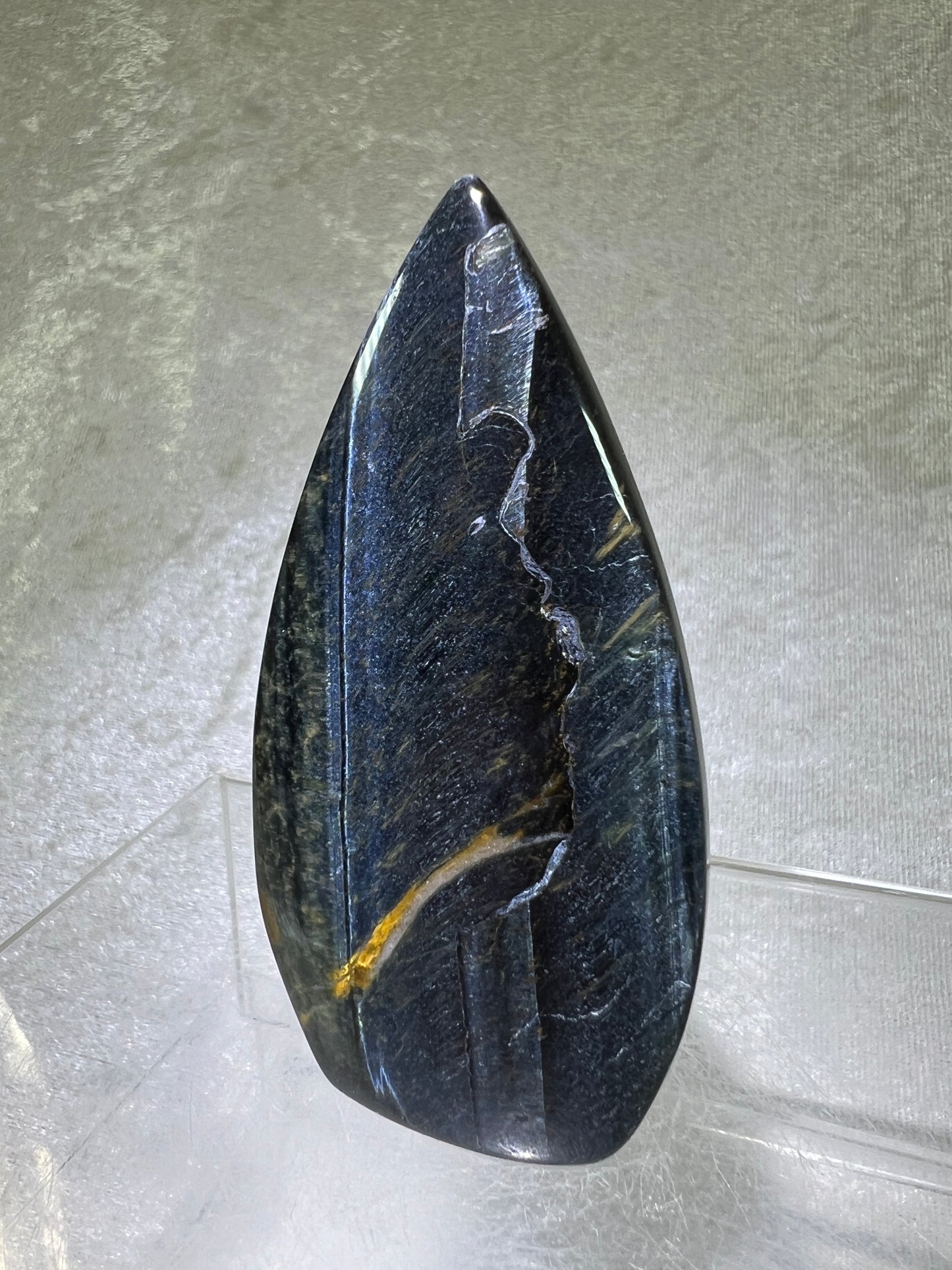 Blue Tigers Eye Crystal Flame. Gorgeous Hawks Eye Freeform Flame.