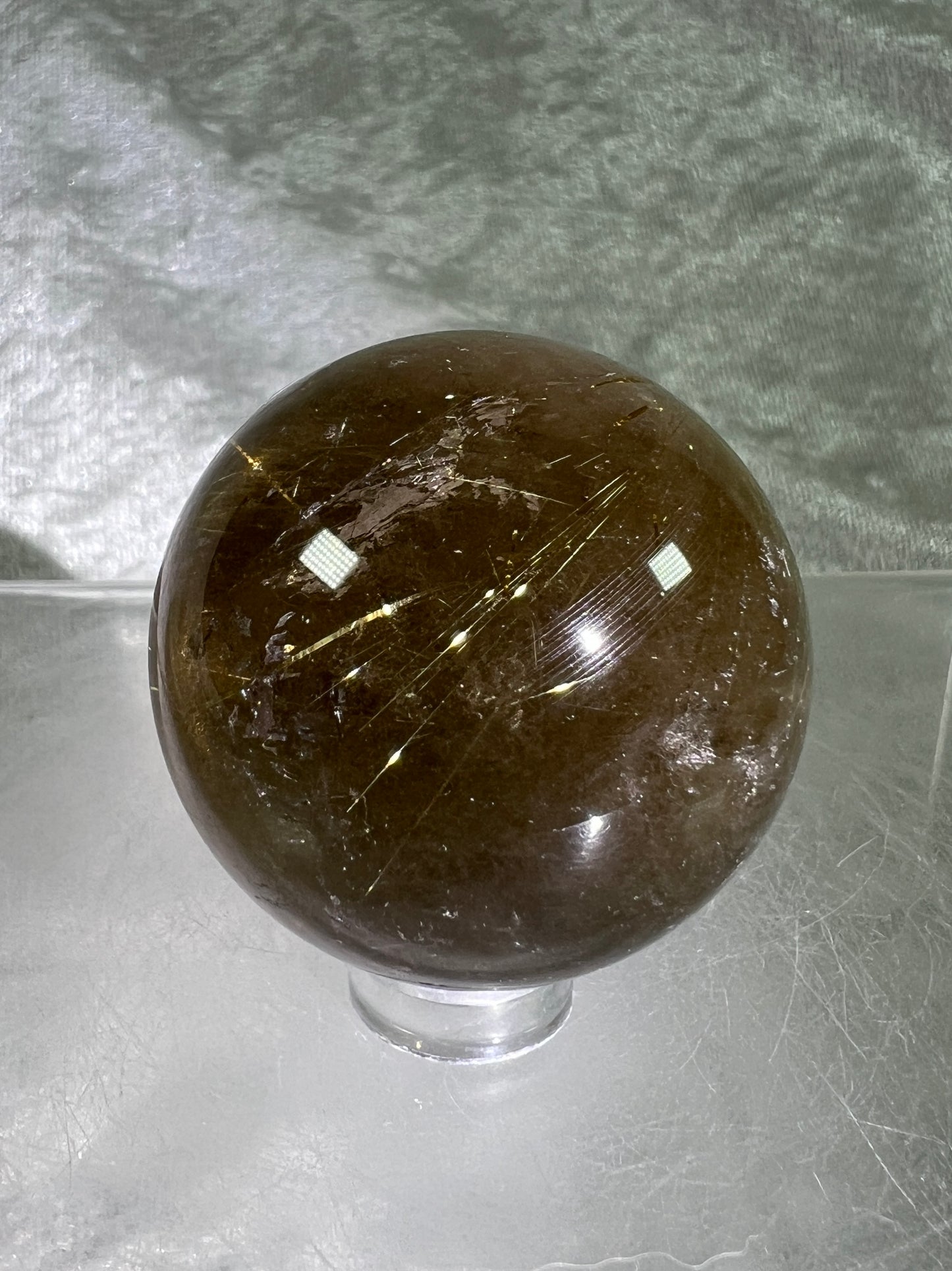 Rutile Quartz Sphere. Amazing Smoky Quartz With Stunning Golden Rutile Inclusions.