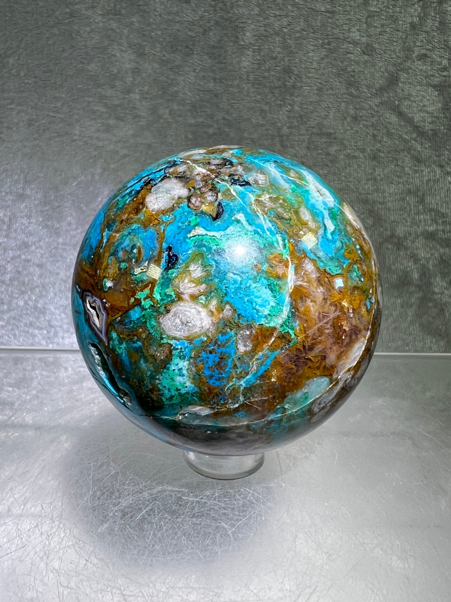 Chrysocolla Druzy Sphere. 56mm. Amazing Patterns With Vibrant Colors. Gorgeous Druzy With Rare Spots Of Purple.