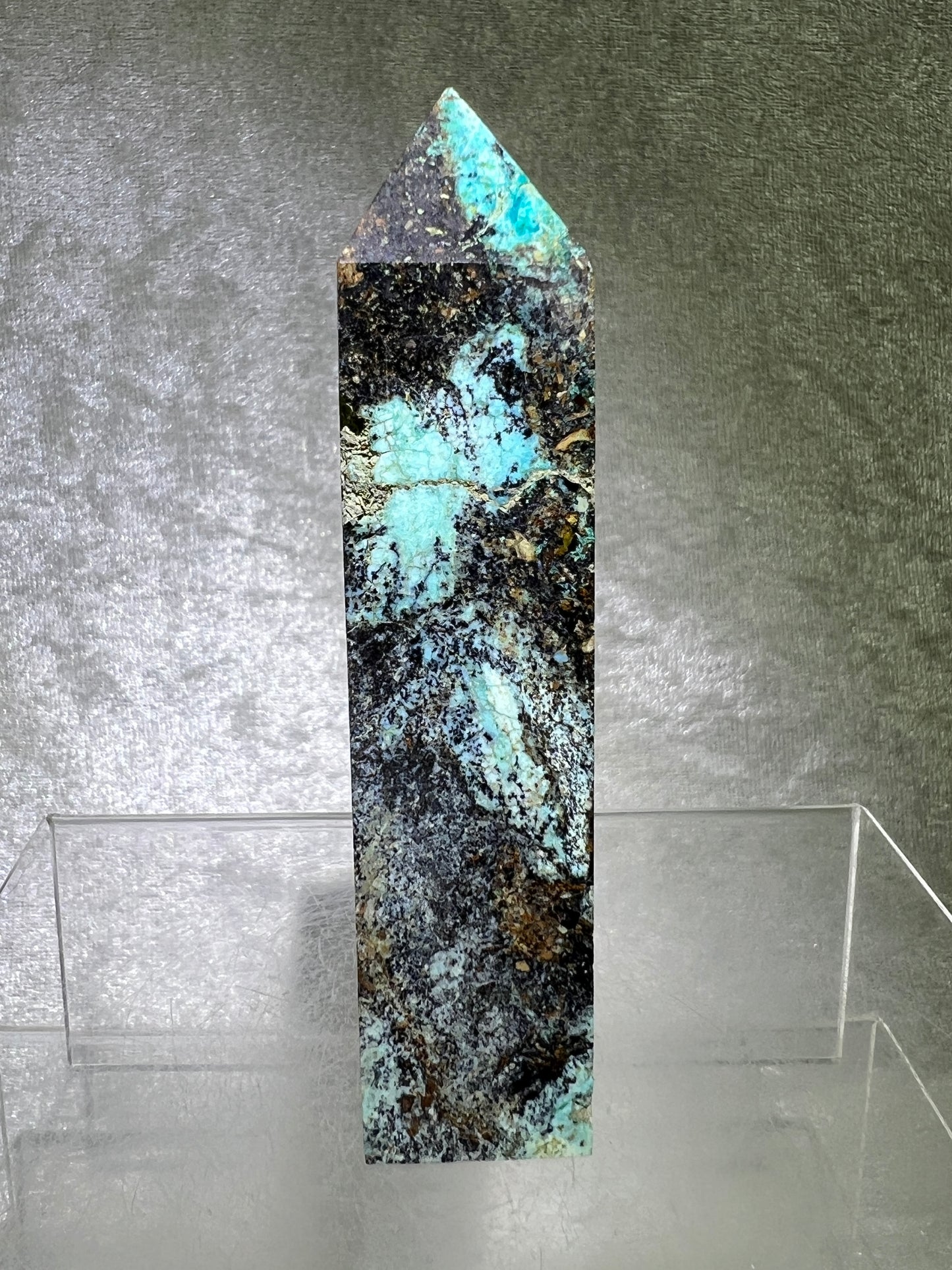 Azurite, Chrysocolla, And Malachite Druzy Tower. Rare And Beautiful Crystal Point.