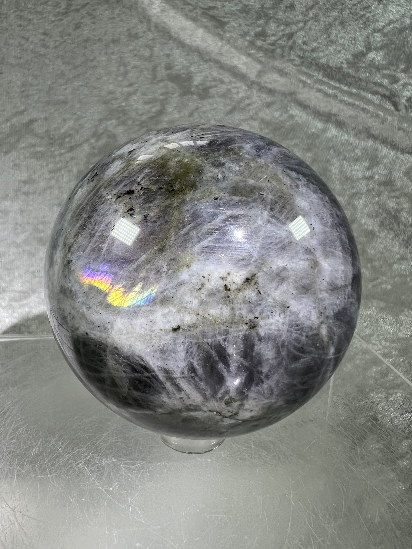 Labradorite Crystal Sphere. 66mm. Very Rare Rainbow Flash With Purple, Pink, Yellow, Orange, And Blue. Amazing Sphere!