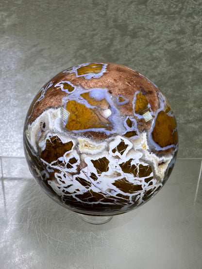 Indonesian East Java Plume Agate Sphere. 62mm. Very Rare Display Sphere. Amazing Druzy, Colors, And Patterns