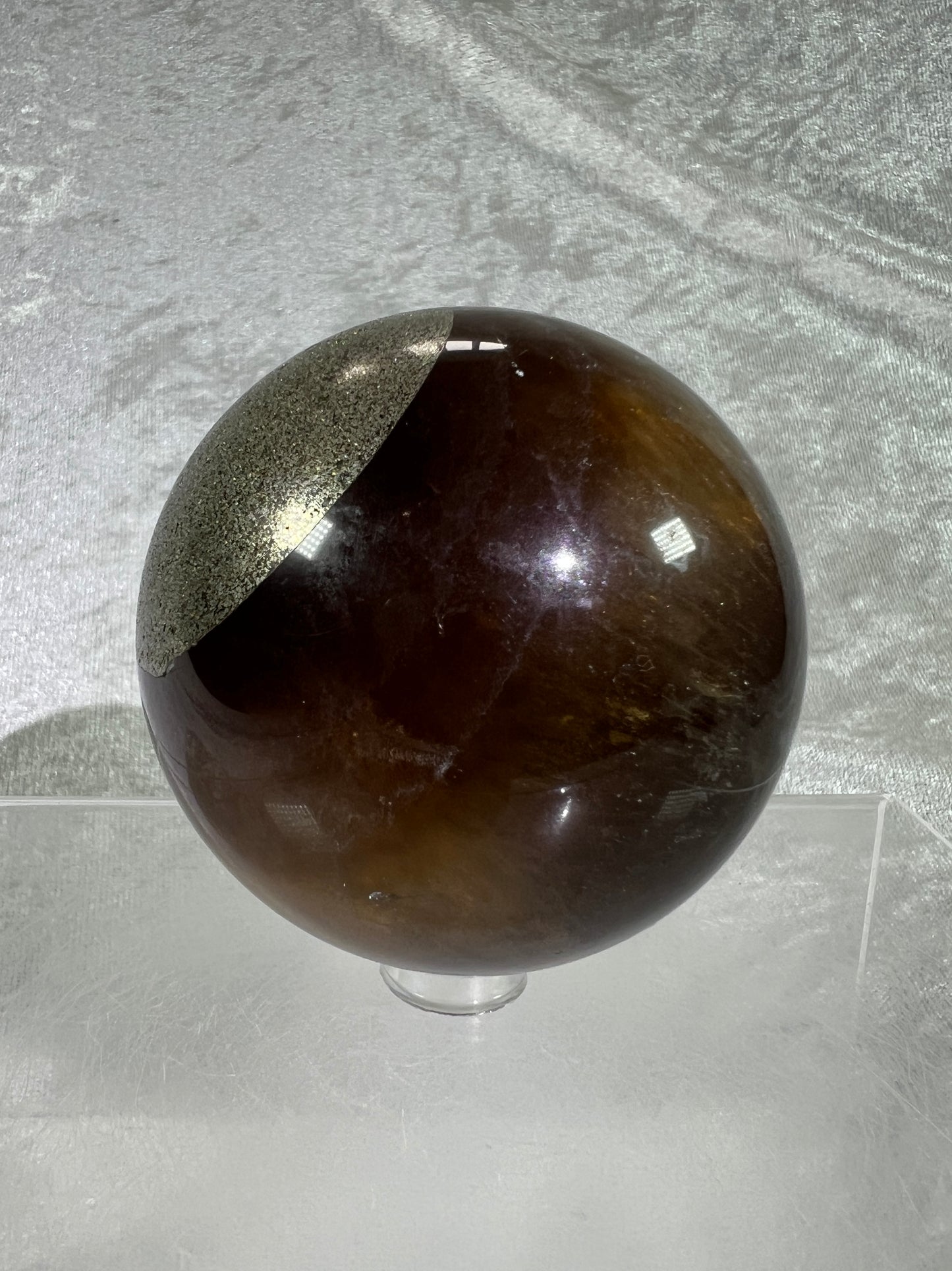 Fluorite And Pyrite Crystal Sphere. 68mm. Gorgeous Smoky Fluorite Display Sphere.