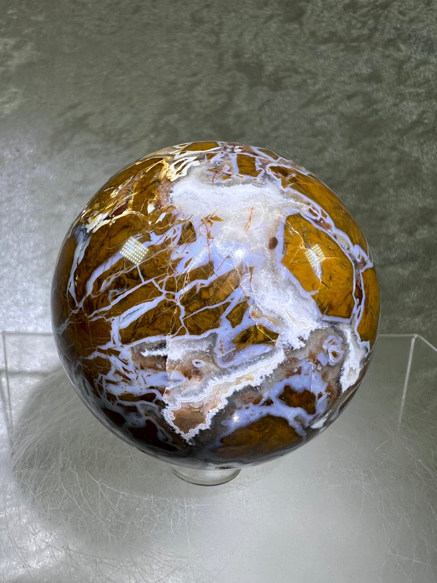 Indonesian East Java Plume Agate Sphere. 62mm. Very Rare Display Sphere. Amazing Druzy, Colors, And Patterns