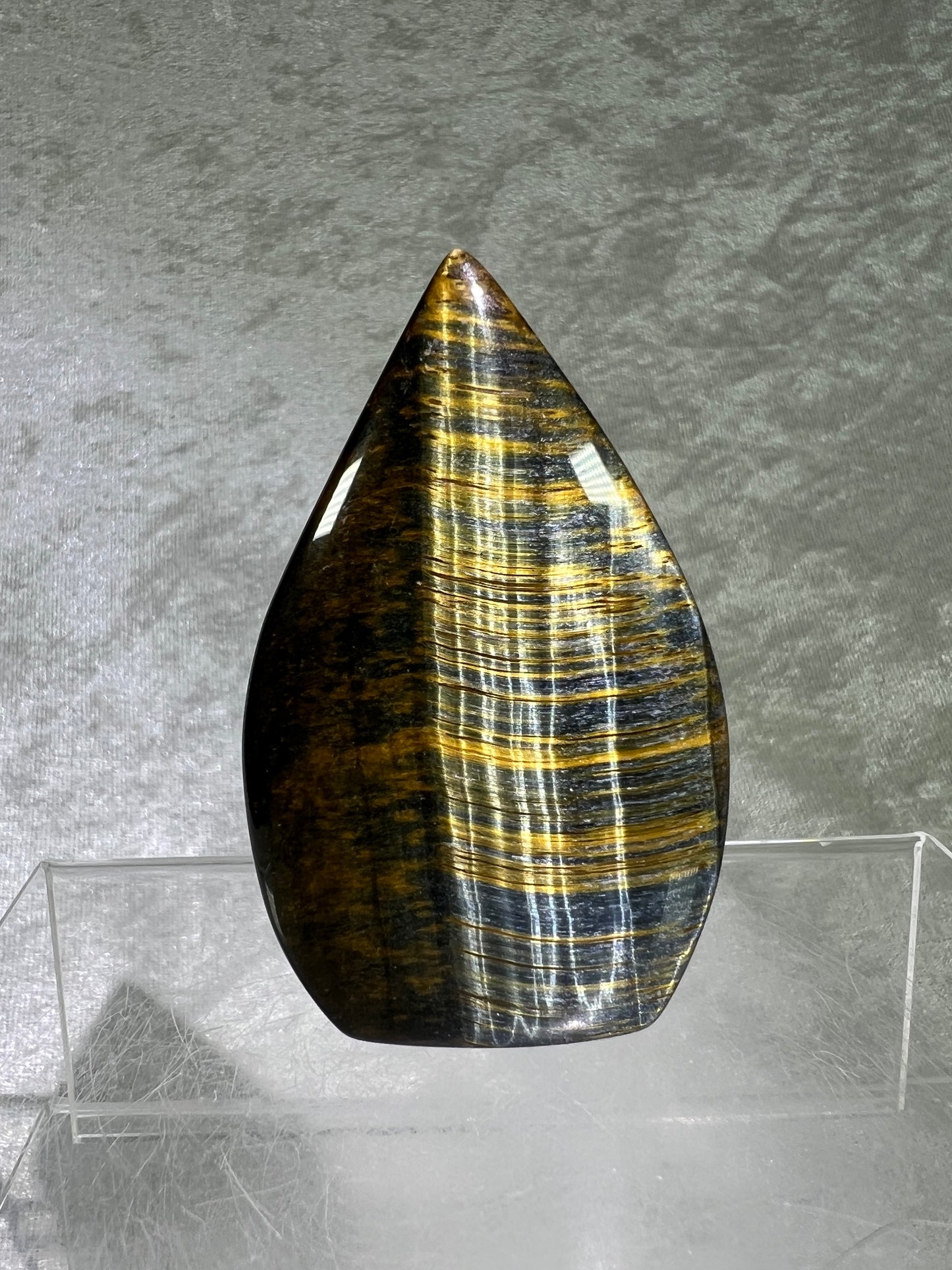 Blue Tigers Eye Crystal Flame. Gorgeous Hawks Eye Freeform Flame.