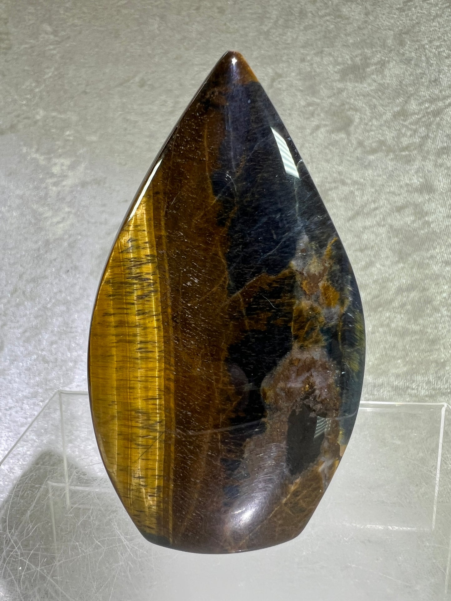 Blue Tigers Eye Crystal Flame. Gorgeous Hawks Eye Freeform Flame.