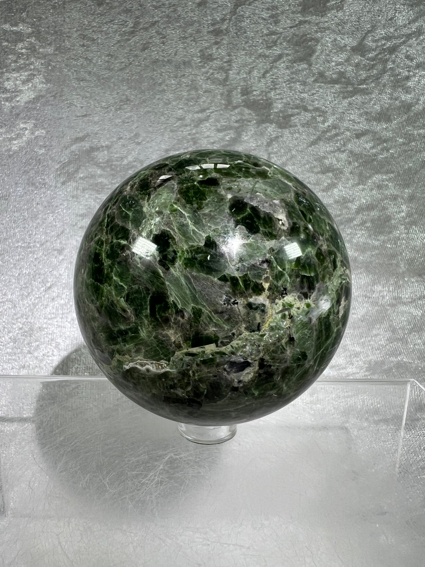 Diopside Crystal Sphere. 69mm. Very Rare And High Quality Display Sphere. Lots Of Beautiful Flash