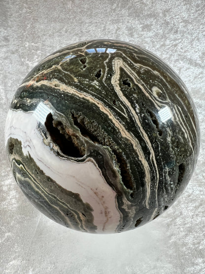 Ocean Jasper Sphere. XL Druzy Display Sphere. 147mm, 9.4 lbs. Gorgeous Colors With Stunning Druzy. Showstopper!