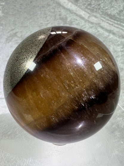 Fluorite And Pyrite Crystal Sphere. 68mm. Gorgeous Smoky Fluorite Display Sphere.