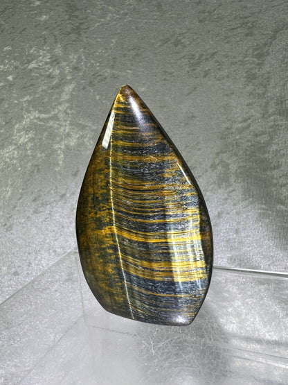 Blue Tigers Eye Crystal Flame. Gorgeous Hawks Eye Freeform Flame.