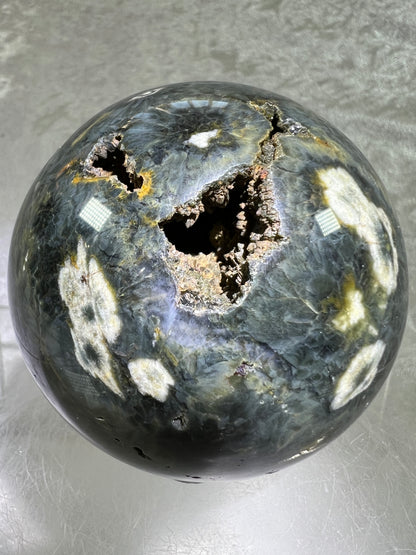 Ocean Jasper Sphere. 69mm. Crazy Green Druzy. Stunning And Unique Display Sphere.