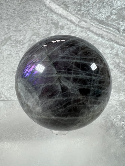 Labradorite Crystal Sphere. 66mm. Very Rare Rainbow Flash With Purple, Pink, Yellow, Orange, And Blue. Amazing Sphere!