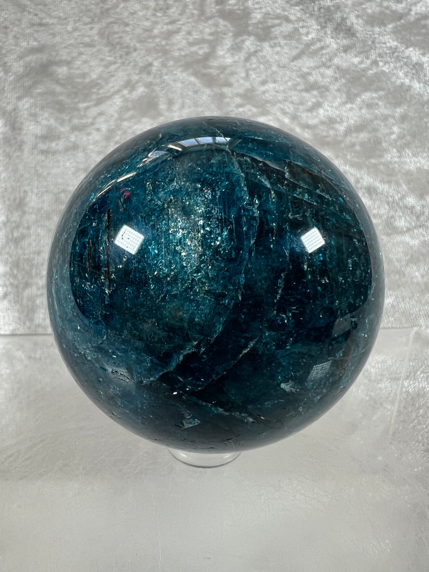 Blue Apatite Crystal Sphere. 58mm. Gorgeous Deep Blue With Lots Of Iridescent Flash. High Quality Display Sphere